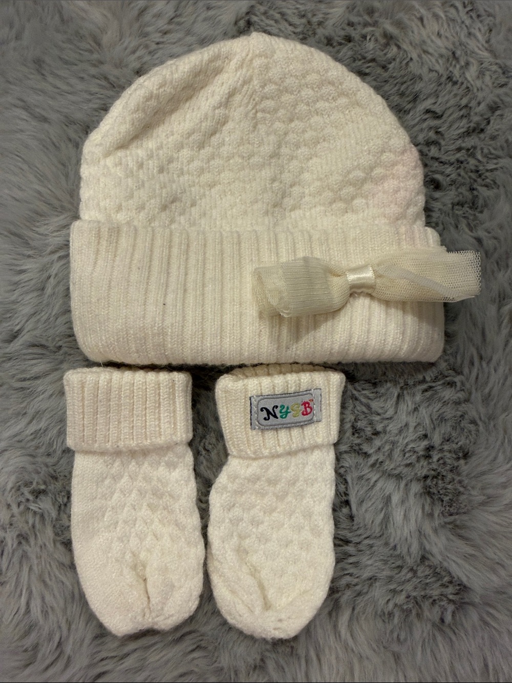 Ivory Knit Baby Hat & Mittens Set with Bow